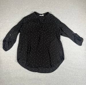 Lush Black White Polka Dot Blouse Womens Medium Roll Tab Sleeve Top