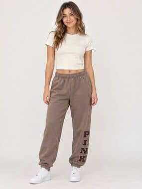 VS PINK Brown Chenille Logo Fleece Joggers M Y2K Preppy