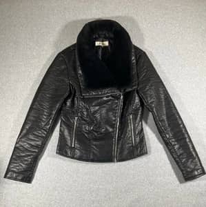 Wildflower Womens Black Faux Leather Biker Jacket Faux Fur Trim Collar S
