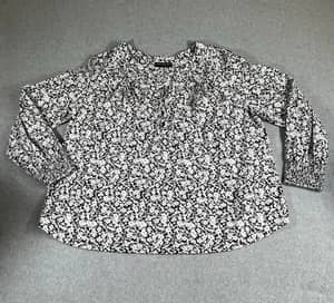 Lane Bryant Plus 18 Floral Peasant Blouse Black White Cotton Smocked Sleeve Top