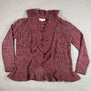 Carolyn Taylor Burgundy Marled Chunky Knit Cardigan Sweater Ruffle Hem Womens M