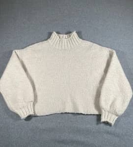 American Eagle Cream Boucle Sweater Womens Large Mock Neck Cozy Soft Cropped